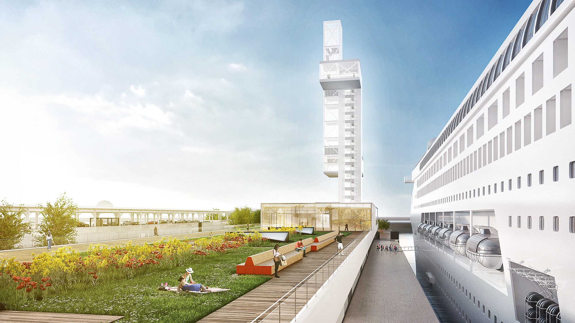 Vue sur l'esplanade verte et la tour de la jetée Alexandra - Port de Montréal - Concept architectural par Provencher_Roy